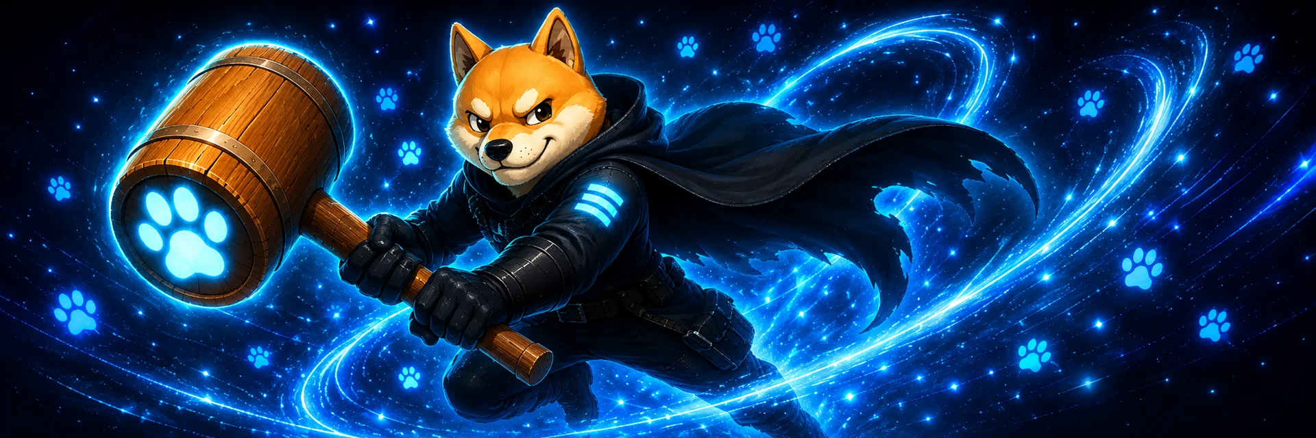 Bonkstrike charging through a neon galaxy with the paw hammer